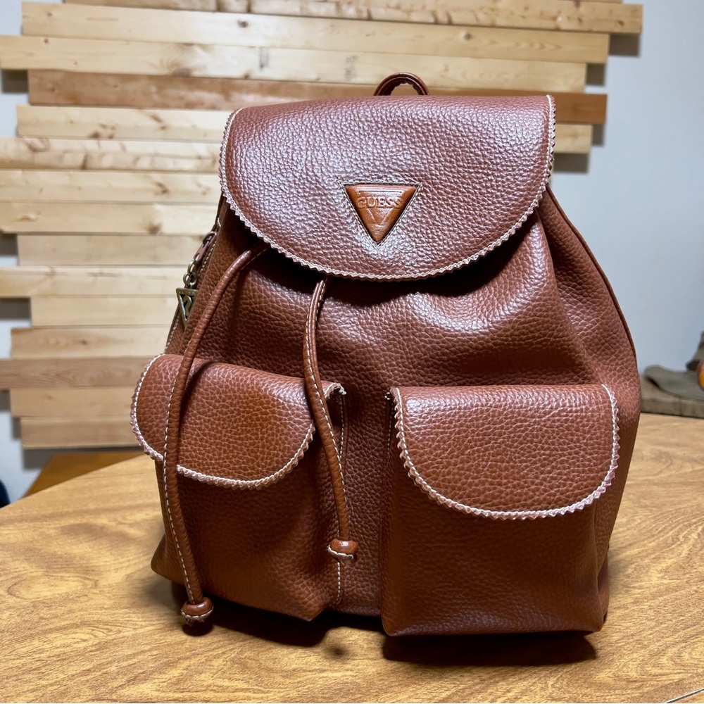 Guess Vintage Brown Leather Drawstring dual Pocket magnetic Closure Backpack Bag - Picture 15 of 15
